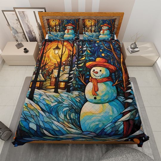 Discover Vintage Snowman in Colorful Christmas Starry Night Bedding Set, Christmas Gift