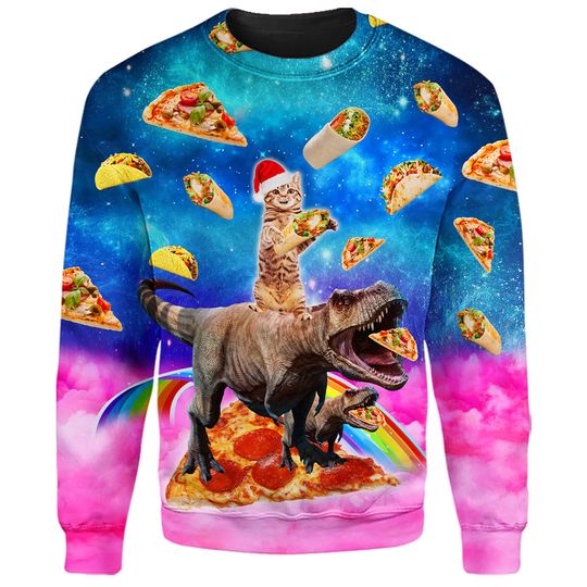 Discover Funny Cat Riding Dinosaur Pizza Taco Sweatshirt, Christmas Cat ,  Ugly Christmas Sweater