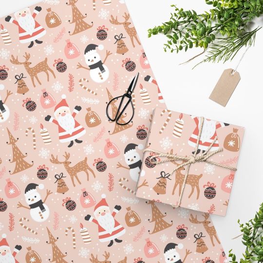 Discover Pink Pastel Christmas Wrapping Paper, Santa and Deer Holiday Gift Wrap
