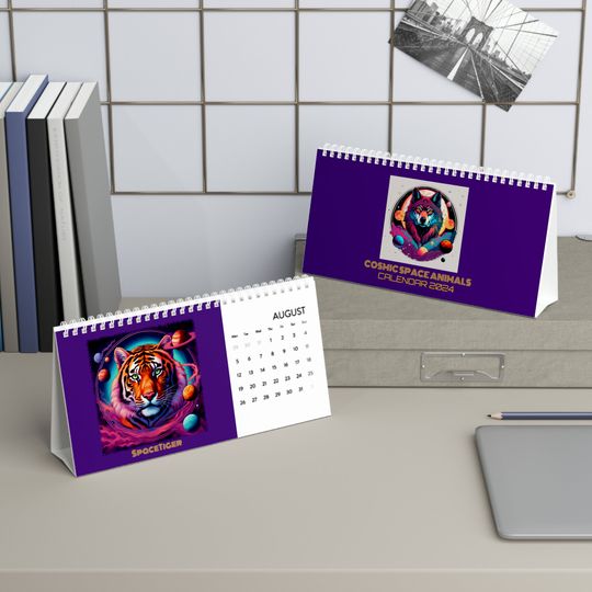 Discover COSMIC SPACE ANIMALS Desk Calendar 2024 - Cat Dog Rabbit Mouse Wolf Bear Lion Tiger Hamster