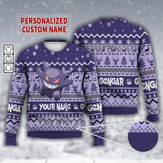 Discover Custom Name Gengar PKM Ugly Christmas Sweater, Lover PKM Christmas