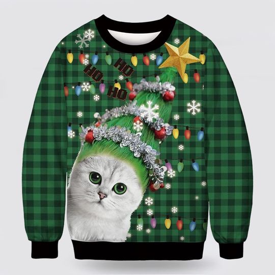Discover Cat with Christmas Tree Hair 3D Ugly Sweater