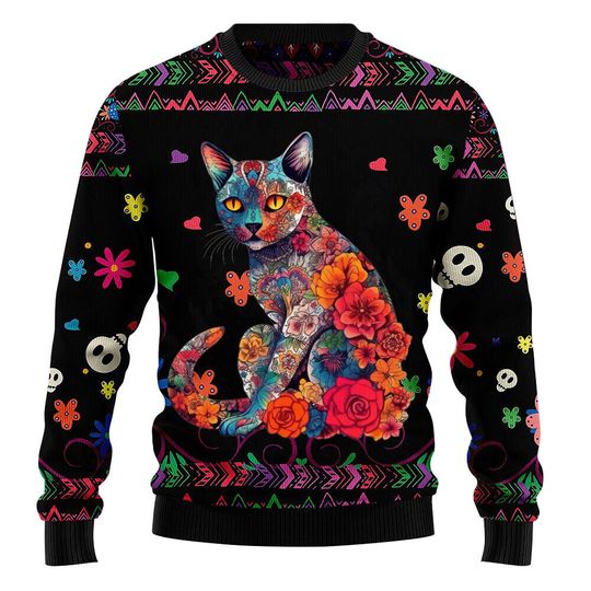 Discover Cat Tattooed Skull Ugly Christmas Premium Sweater 3D