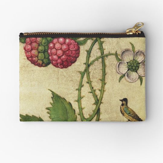 Discover Vintage Floral Pattern Blackberry Fruit with Bluejay Bird Makeup Bag
