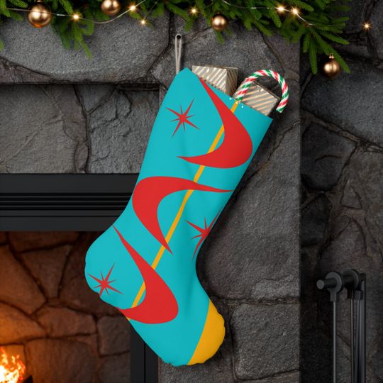 Discover Christmas Santa Stocking, Aqua Blue, Red, Yellow, Boomerang And Starbursts