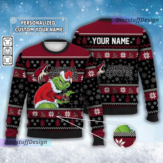 Discover Personalized Arizonna Coyotes Grin Ice Hockey Christmas Ugly Sweater