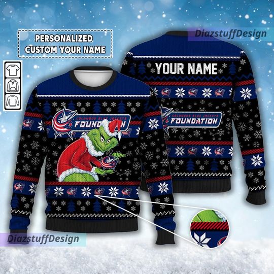 Discover Personalized Columbus Blue Jackets Grin Ice Hockey Christmas Ugly Sweater