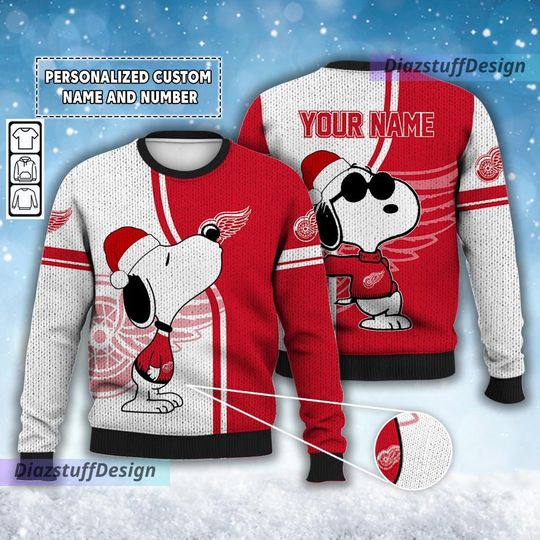 Discover Personalized Red Wings Snoopy Ice Hockey Christmas Ugly Sweater