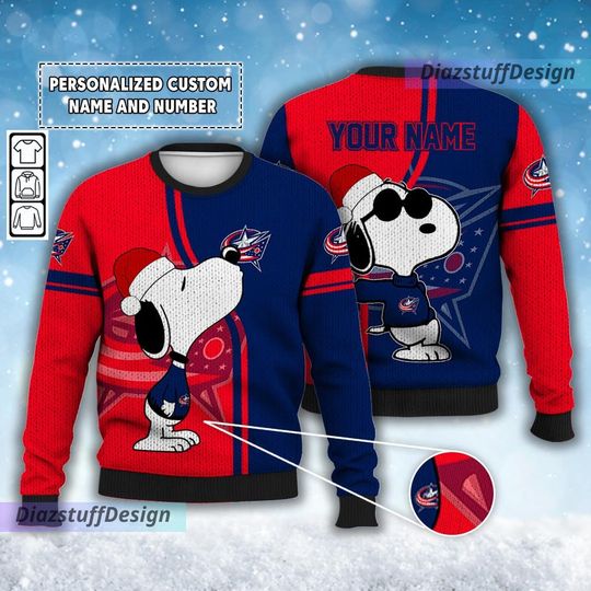 Discover Personalized Columbus Blue Jackets Snoopy Ice Hockey Christmas Ugly Sweater