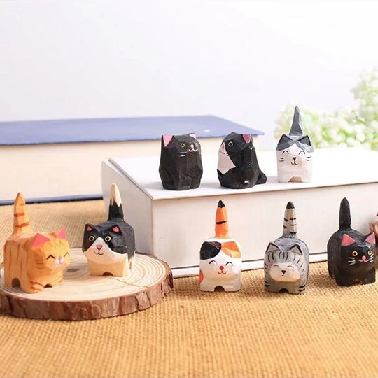 Discover 12 Styles Hand Carving Wooden Cat Sculpture,Christmas Gifts,Cat Ornaments