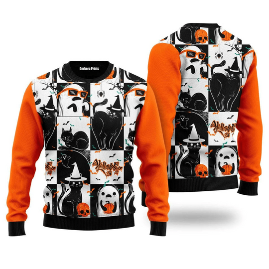 Discover Black Cat and Ghost Halloween Ugly Christmas Sweater Lightweight Christmas Gift