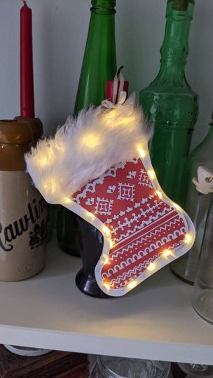 Discover Light Up Christmas Red Stocking card, hanging festive tree decoration, lit up greeting cards, Christmas tree, tree decoration, light gifts