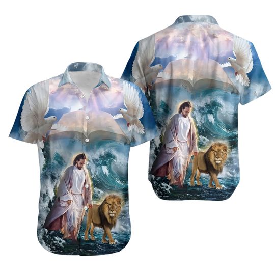 Discover Lion And Jesus Walk On Water Christian Hawaiian Shirt