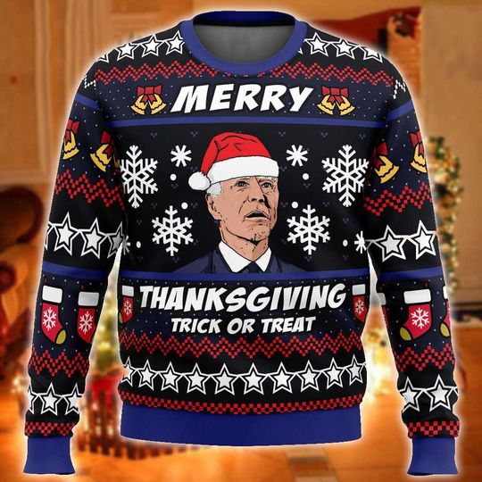 Discover Merry Thanksgiving 3D T-shirt, Biden President Santa Ugly Christmas Sweater