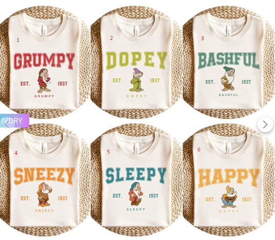 Discover Vintage White And Seven Dwarfs Est 1937 Characters Shirt