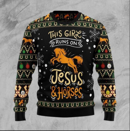 Discover Girls Run On Jesus And Horses Ugly Christmas Sweater, Jesus Sweater