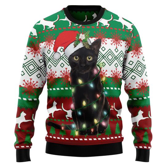 Discover Black Cat Light Christmas Ugly Christmas Sweater, Cat Lover Sweater