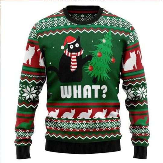 Discover Black Cat What Ugly Christmas Sweater, Cat Lover Sweater