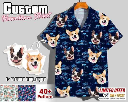 Discover Custom Hawaiian Shirt With Dog Face, Custom Pet Face Hawaiian Shirt, Flamingo