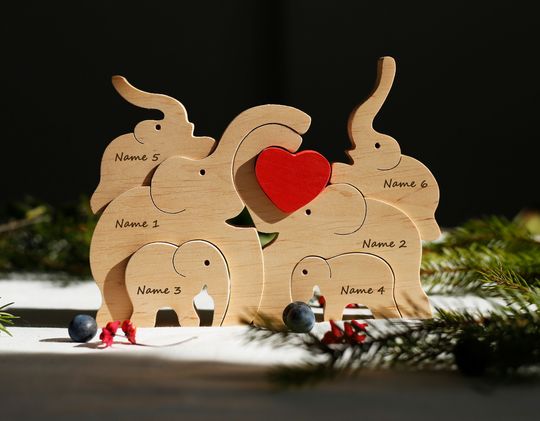 Discover Unique Mothers day gift from parents, Personalized wooden elephant family of 6 figurines, Wood animal puzzle toy, Rustic keepsake decor