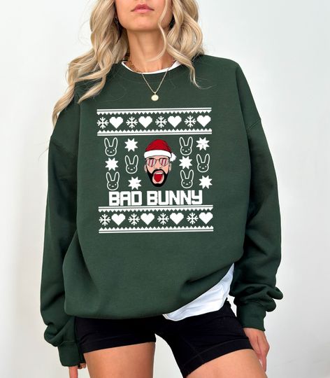 Discover Bad Bunny Christmas Sweatshirt, Funny Famous Singer Heart Snow Ball Bunny
