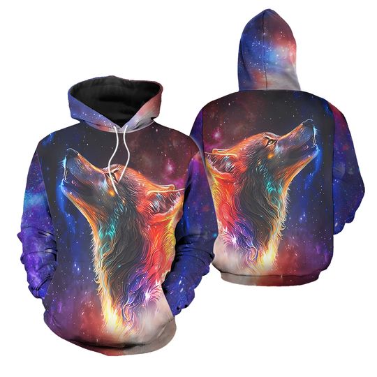 Discover Flaming Galaxy Wolf 3D Hoodie