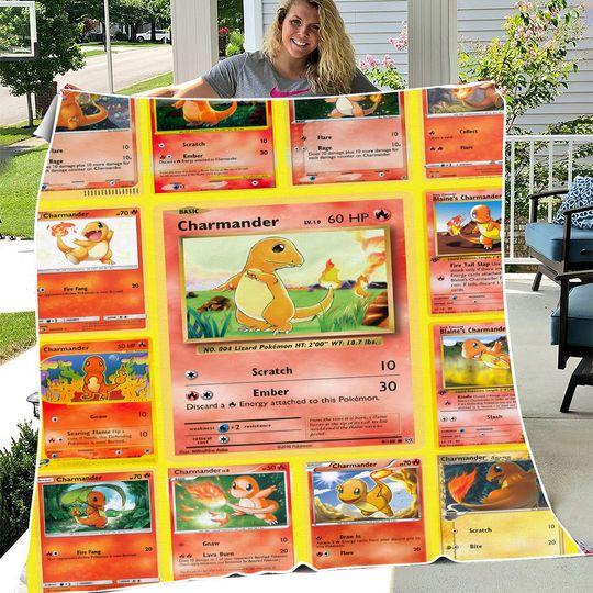 Discover Multi Charmander Card Throws Gift - PKM Card Collection Fleece Quilts