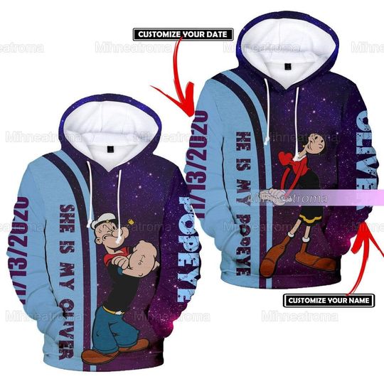 Discover Popeye And Oliver Couple Hoodie, Custom Name And Date Hoodie