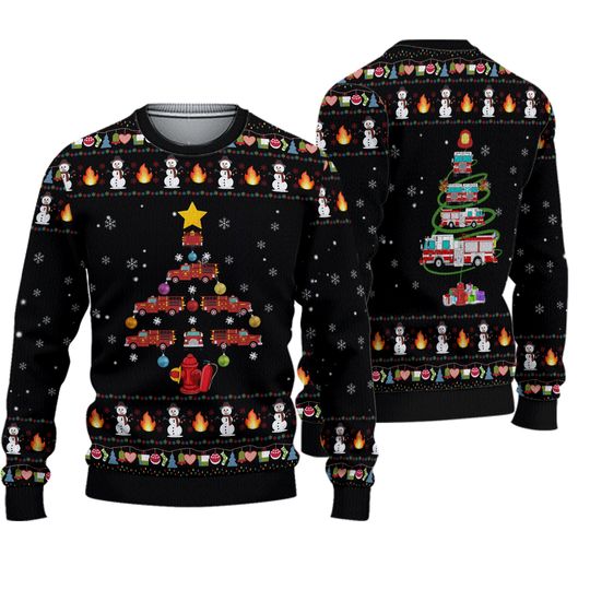 Discover Firefighter Truck Tree Ugly Christmas Sweater