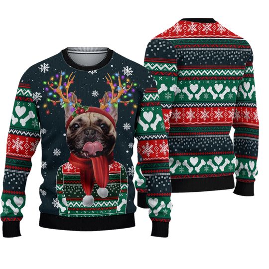 Discover French Bulldog Christmas Wool Knitted 3D Sweater