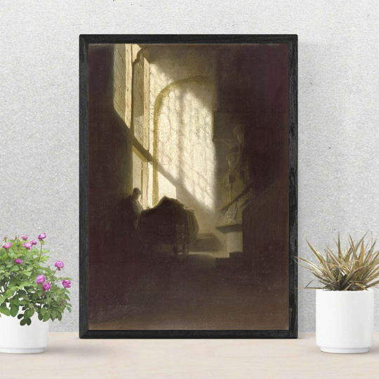 Discover A Man seated reading at a Table in a Lofty Room Premium Matte Vertical Poster