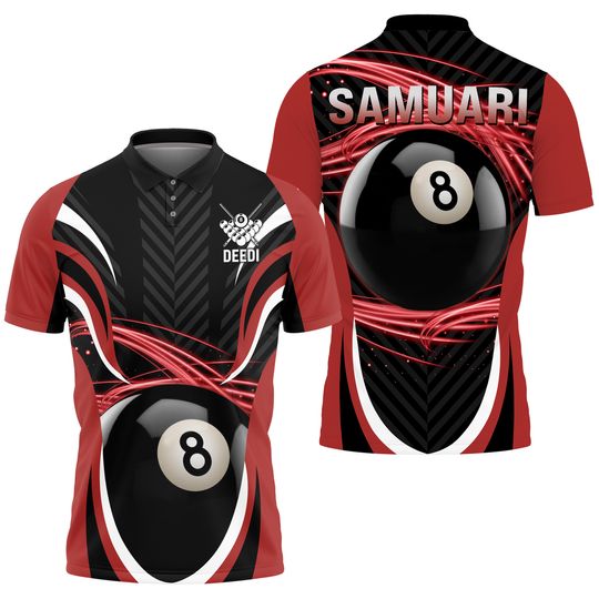 Discover Billiard 8 Ball Red Colors Personalized Name & Team Name Polo Shirt