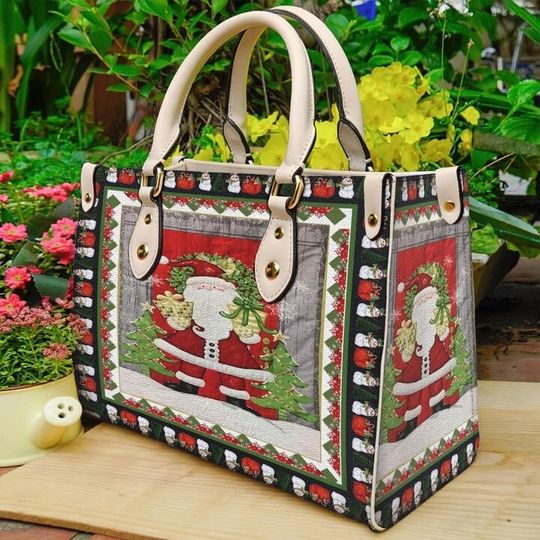 Discover Santa Claus Christmas Women Leather Handbag, Custom Leather Handbag