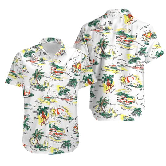 Discover Vintage 1950s Deadstock Florida Cartoon Travel Silky Rayon Hawaiian Shirt