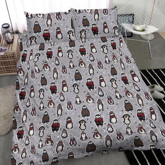 Discover King Size White Grey Christmas Snowy Penguins And Stars Bedding Set