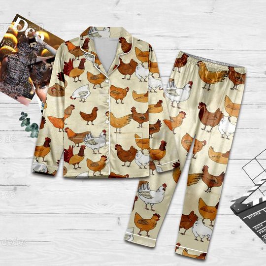 Discover Chicken Pattern Pajamas Set,Chicken Women Pyjamas Set,Chicken Fan Gift,Long Sleeve Pajamas,Custom Silk Pajama