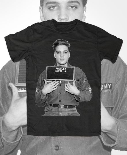 Discover Elvis Presley Mugshot T-Shirt Black Fun Cult Biker Rockabilly RocknRoll
