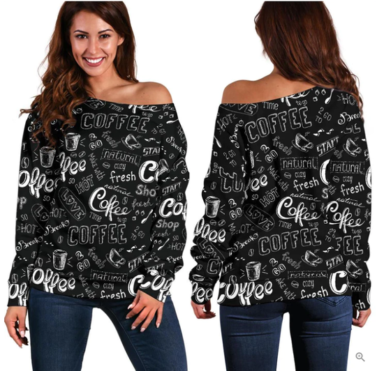 Discover Coffee Black Pattern All-Over Print Oversized Women's Off-Shoulder Sweatshirt