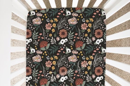 Discover Boho Floral Crib Sheet, Terracotta Baby Bedding, Changing Pad Cover