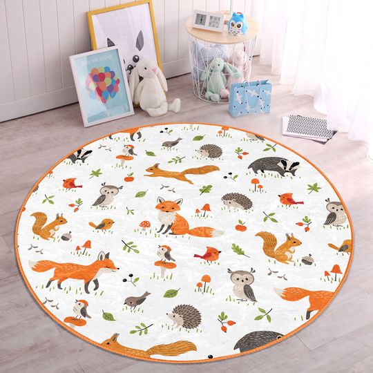 Discover Squirrel Nursery Rug|Hedgehog Round Floor Pad