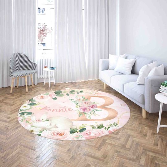 Discover Custom Alphabet Round Rug, Floral Letter Nursery Mat, Rose Flowers Bunny Carpet, Personalised Baby Room Decor Area Mat, Baby Shower Gift