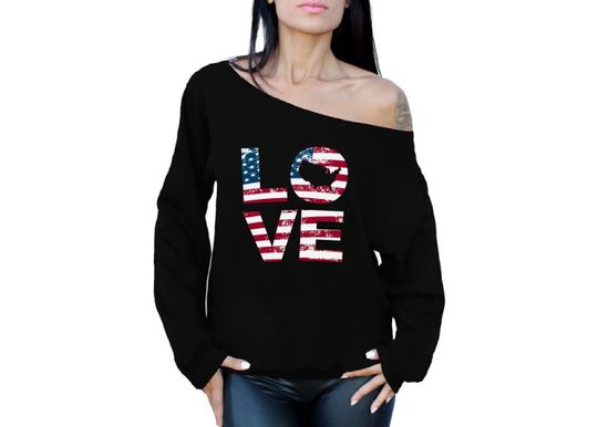 Discover Love American Flag Off the Shoulder Sweatshirt
