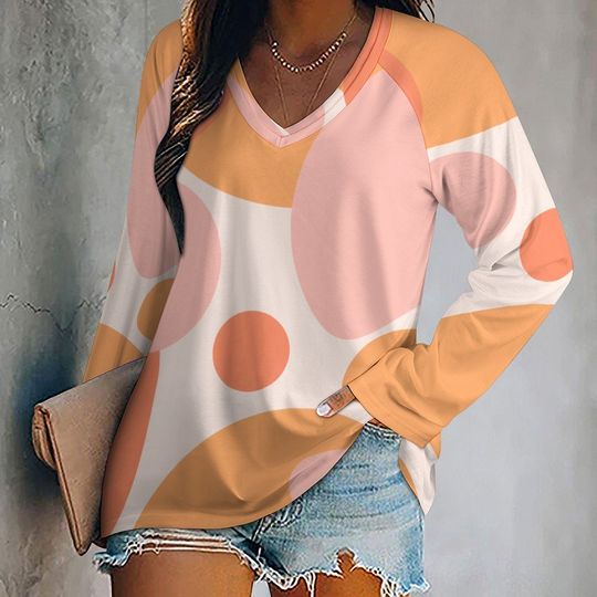 Discover Women Long Sleeve V Neck Loose T Shirt |  Abstract boho design