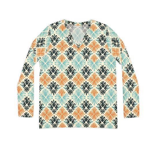 Discover 2 Color Wood Block Pattern All Over Print Women's Long Sleeve V-neck Shirt