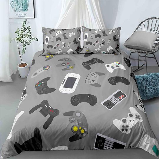Discover Gamer gadgets bedding grey duvet cover, video gamer boyfriend gift bedding set full king queen twin
