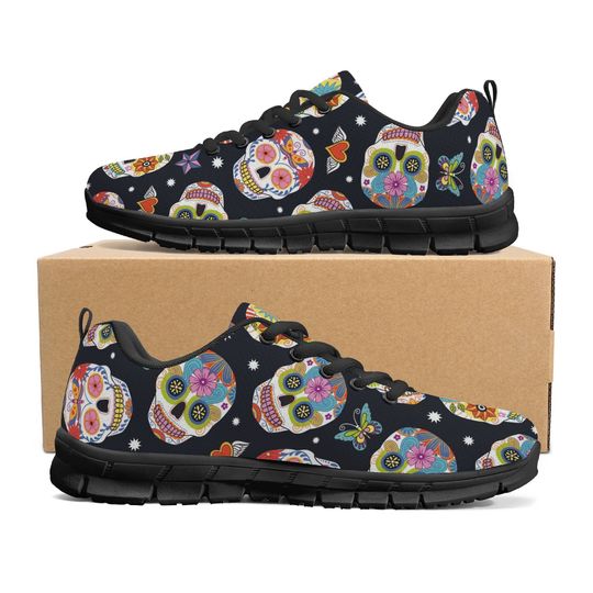 Discover Floral sugar skull athletic sneakers, mexican skull lifestyle footwear