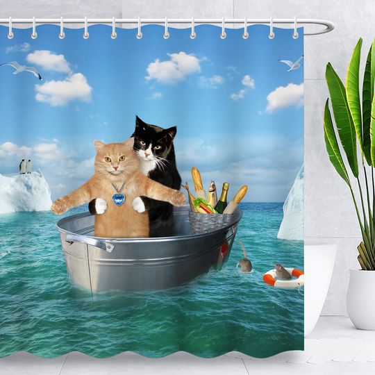Discover Funny Cat Shower Curtain,Cat Titanic Sea Travel Bathroom Curtain, Modern Waterproof Fabric Creative Animal Bath Curtain