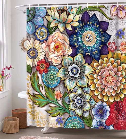 Discover Floral Boho Shower Curtain with Hooks,Colorful Bohemian Bathroom Curtain,Beautiful Bright