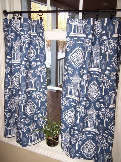 Discover Blue Asian Pagoda Cafe Curtains, Tier Curtains