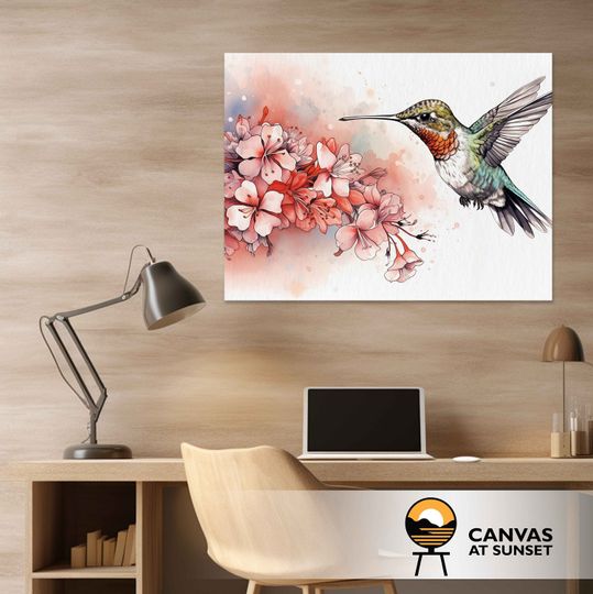 Discover Hummingbird Digital Painting Pink Flowers Beautiful Bird Canvas Poster Art